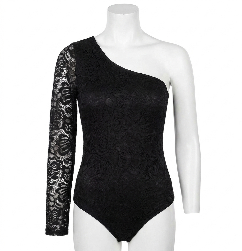NEW EE:SOME lacey one shoulder lace sleeve bodysuit in black